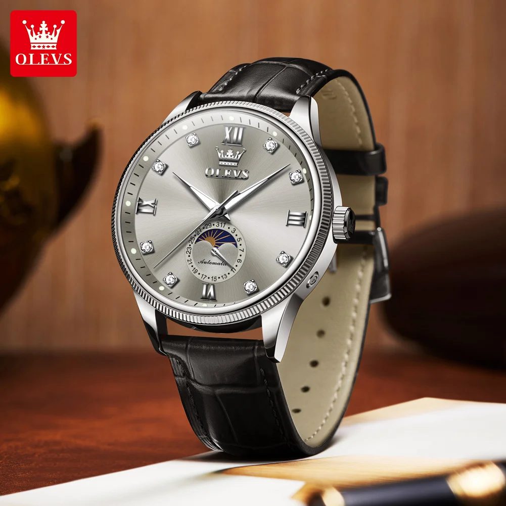 OLEVS 7039 Men's Watch Calendar Moon Phase Diamond Luxury Mechanical Dress Watch For Men Luminous Waterproof Man Wristwatch