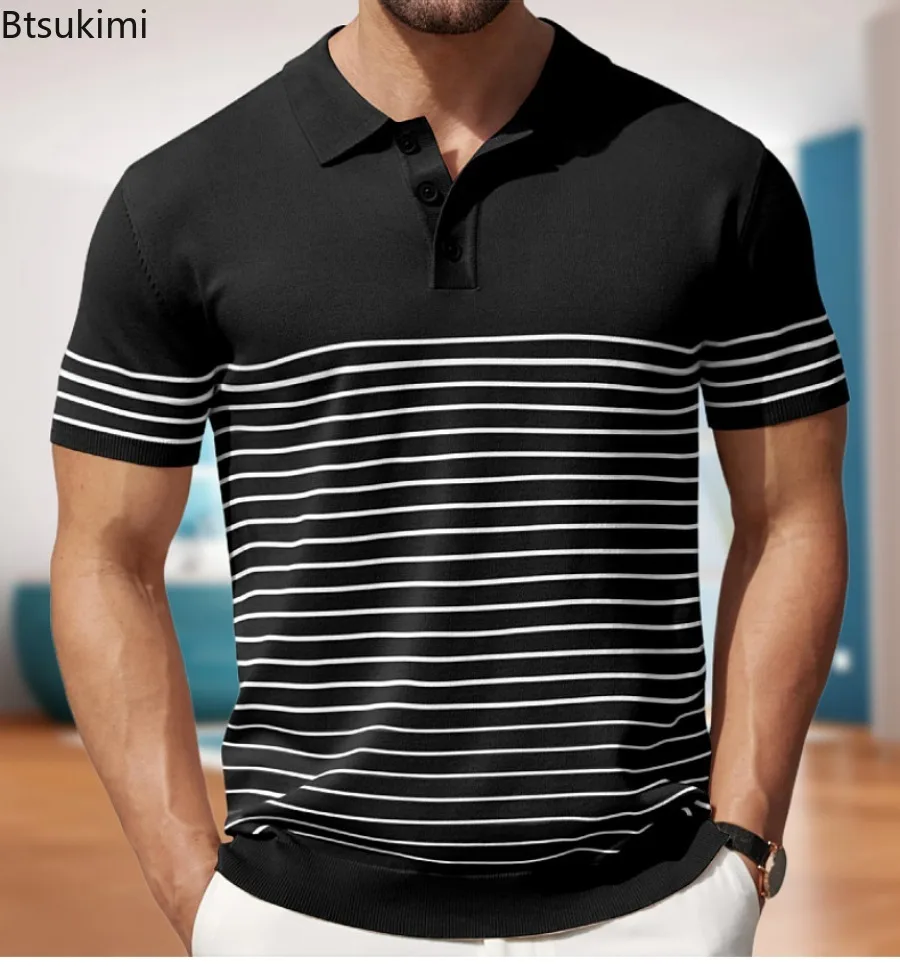 

2024 Men's Classic Simple Business Polo Shirt Fashion Stripe Short Sleeve Patchwork Casual Tops Men Sport Golf Wear Social Shirt