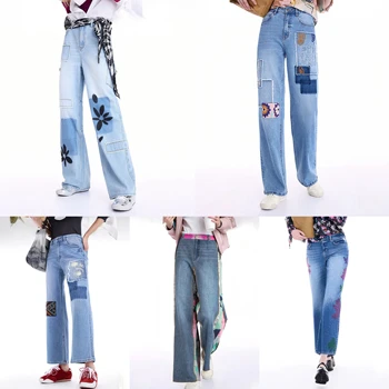 European, American, and Spanish women's jeans with contrasting colors, patchwork, heavy-duty embroidery, and cropped pants