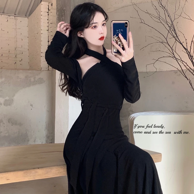 Vintage Two Piece Knitted Ready-to-wear Dresses Women 2022 Fashion New Maxi Cropped Cardigan+Halter Black Dress Female