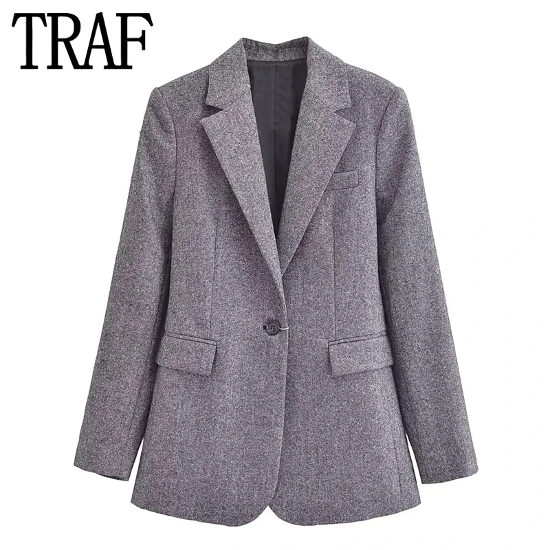 

TRAF Grey Long Blazer For Women Long Sleeve Women's Blazer Autumn Winter Chic And Elegant Woman Jacket Office Formal Jacket