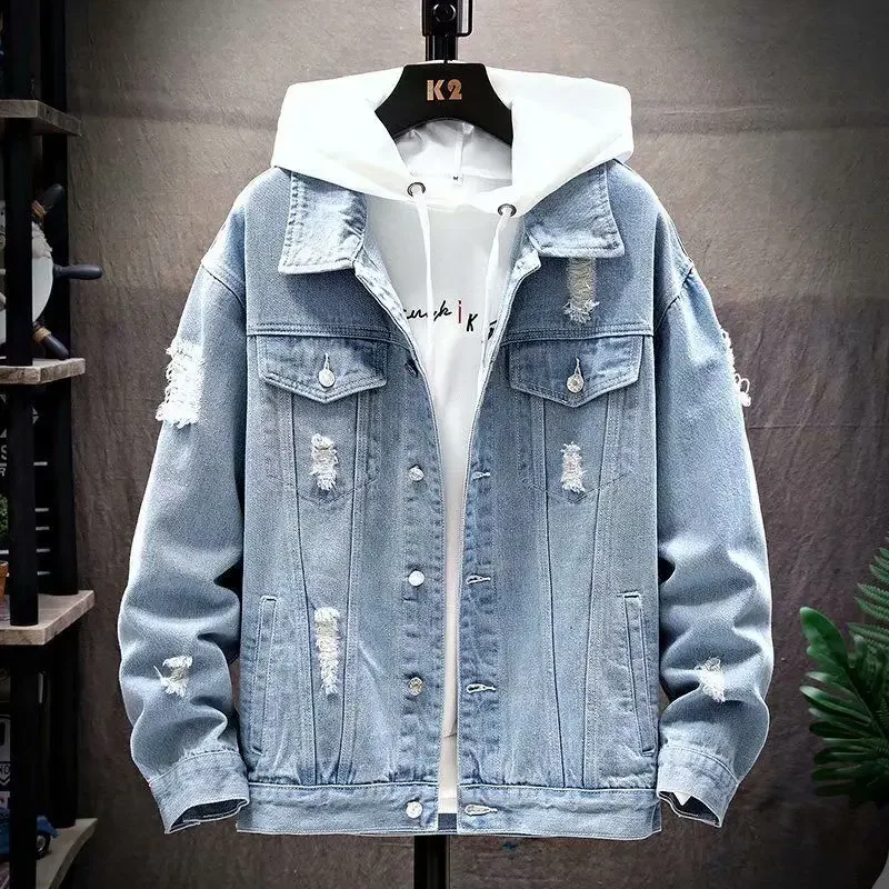 Chaqueta vaquera de otoño con botones azules para hombre, abrigos vaqueros de bolsillo gris para hombre, moda japonesa, alta calidad, vintage, precio bajo, talla grande GL