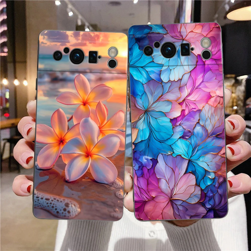 Elegant Floral & Leaf Design Shockproof Phone Case - Soft Silicone TPU Black Cover