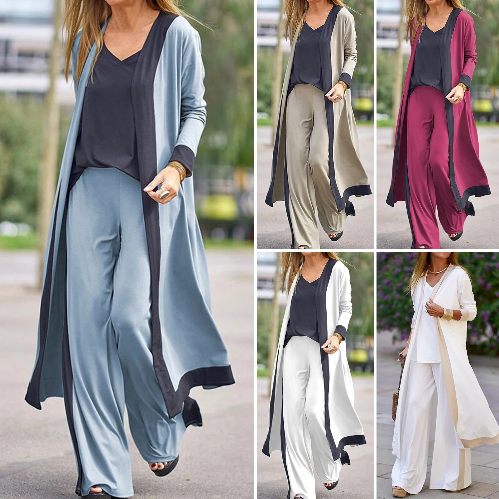 Conjunto de cárdigan elegante para mujer, abrigo con tirantes y pantalones, ropa de casa de piezas, bloque de Color para otoño e invierno, 1 Juego - AliExpress