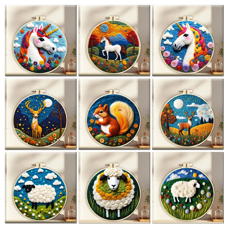 Needle Felt Starter Kit Wool Needle Supplies Set for Beginners Sheep Deer Unicorn Wool Felting Painting 20x20 needle felting kit,wool felting kit,needle felting painting kit