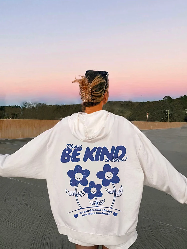 

Please Be Kind To Others Flower Printed Womens Hoodies Plus Size Sweatshirt Harajuku Girl Winter Warm Pullover Clothes Tops