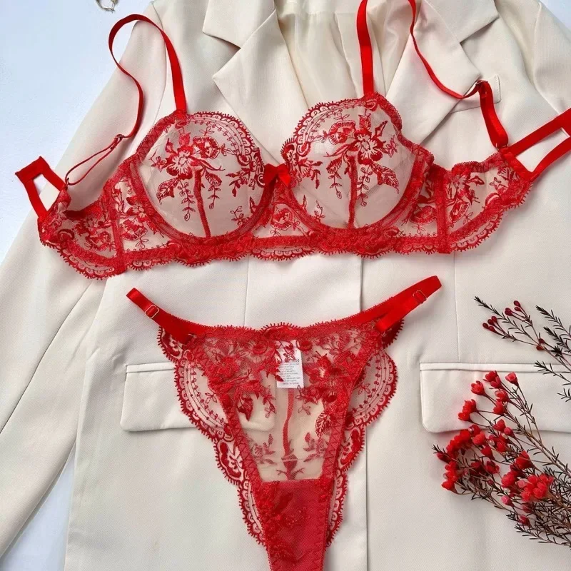 Sexy Embroidery Printing Bra Set Women Mesh Patchwork Lace Adjustable Shoulder Straps Sexy Perspective Underwear Suit