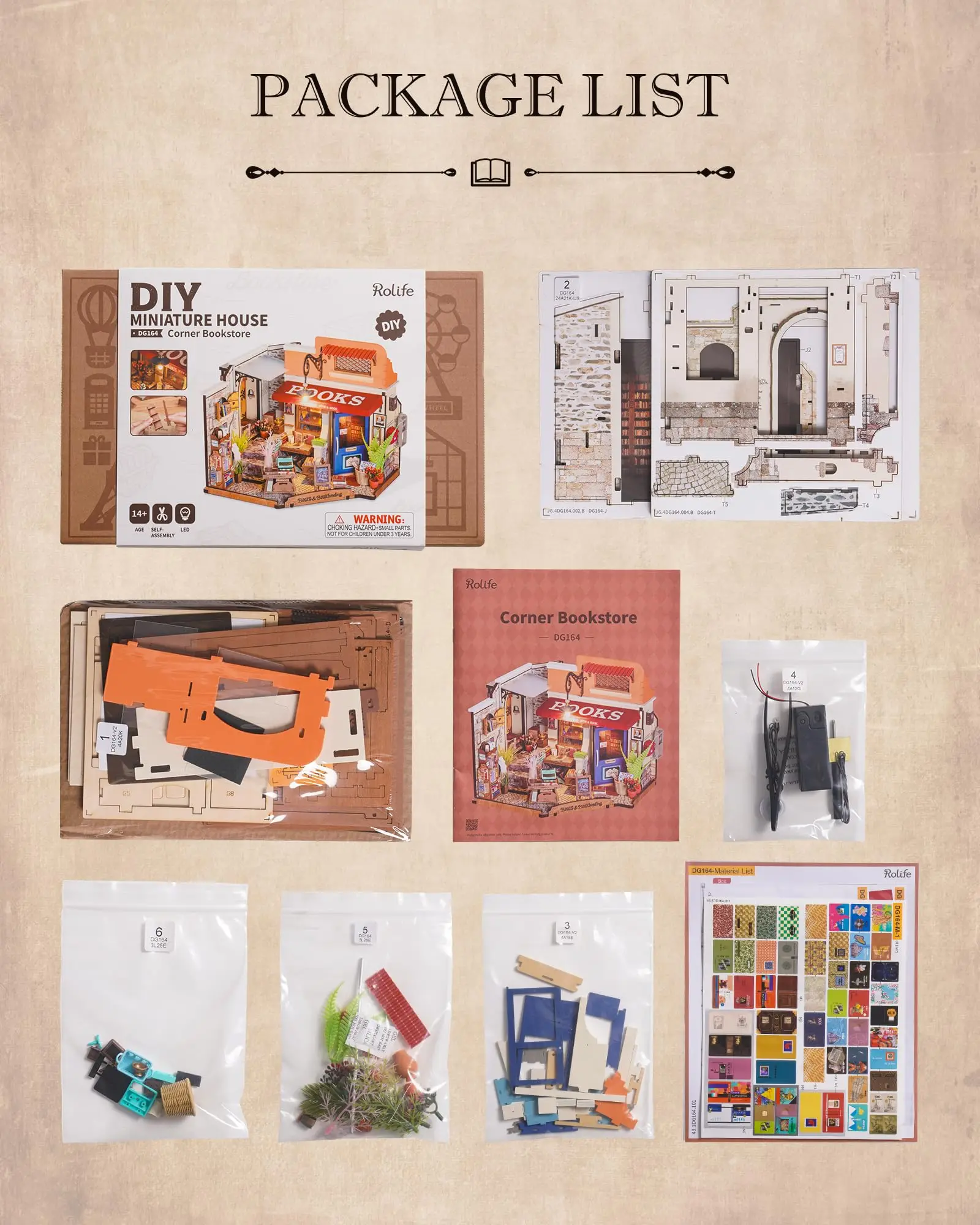 Robotime Rolife Corner Bookstore DIY Miniature House Kit Build Mini House Building Kit with LED Lights Craft Gifts for Kids Girl 6