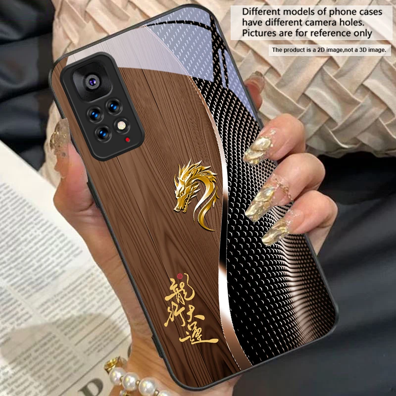 Elegant Black Tempered Glass Phone Case with Traditional Dragon Totem Design