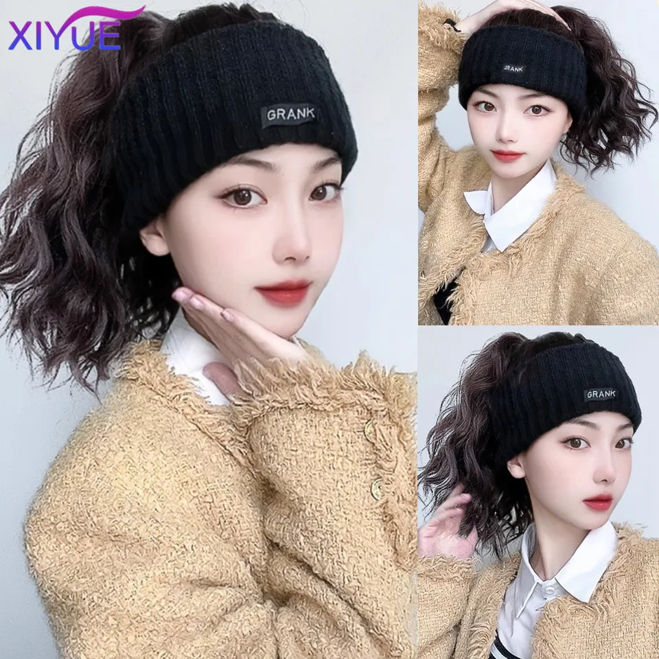 XIYUE Hat and wig integrated for women's autumn and winter warmth sports headbands tie hair curly hair high ponytail wig