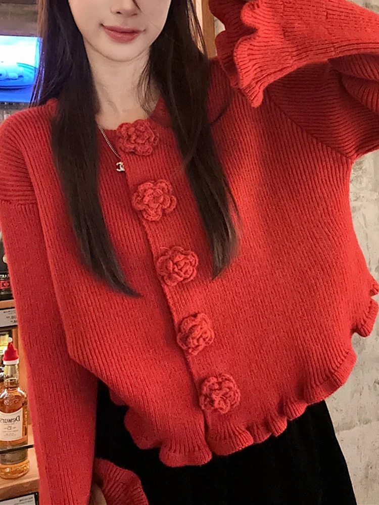 

Preppy Cute Flare Sleeve Knitted Vintage Elegant Sweater Sweety Flower Single breasted Winter Sweetheart Red Christmas Sweater