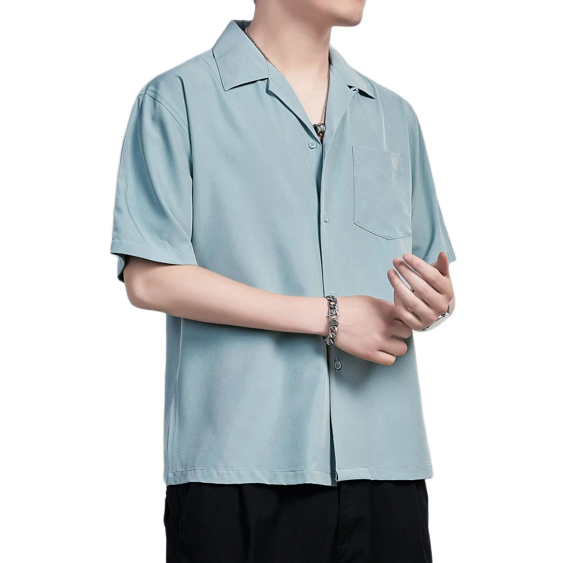 Short Sleeve Cuban Collar Casual Shirt Summer Solid Color Harujuku Shirts for Men Korean Clothes Camisas Para Hombre White Black men casual shirt