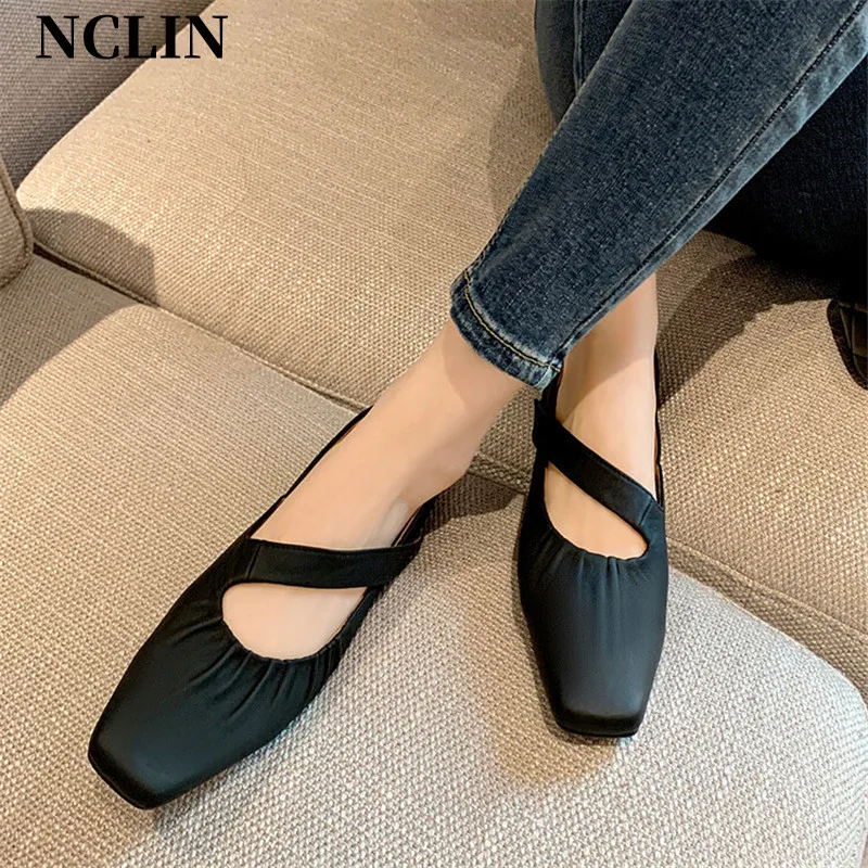 

New 2024 Spring Women Shoes Sheep Leather Low Heels Square Toe Chunky Heel Women Pumps Flat Shoes For Women Zapatos De Mujer