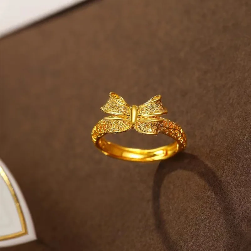 Advanced AU999 Gold Ring Silk Bow Necklace Women's AU750 Hollow Bow Earrings 24K Ring Real Gold Goddess Jewelry