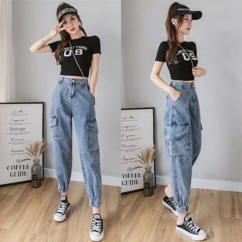 여성용 하이 웨이스트 루즈핏 청바지, 큰 주머니, 신축성 허리 슬리밍 카고 바지, 데님 바지