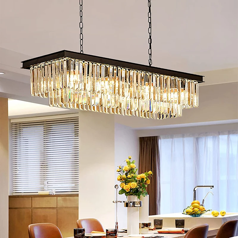 

Rectangular Modern K9 Crystal Chandeliers Lighting Pendant Ceiling Lights Rectangle Chandelier Lamp Fixture 8-Lights for Dining