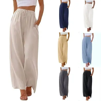 Plus Size Women Loose Casual Trousers Trendy Pocket Drawstring Wide Leg All-match Long Pants