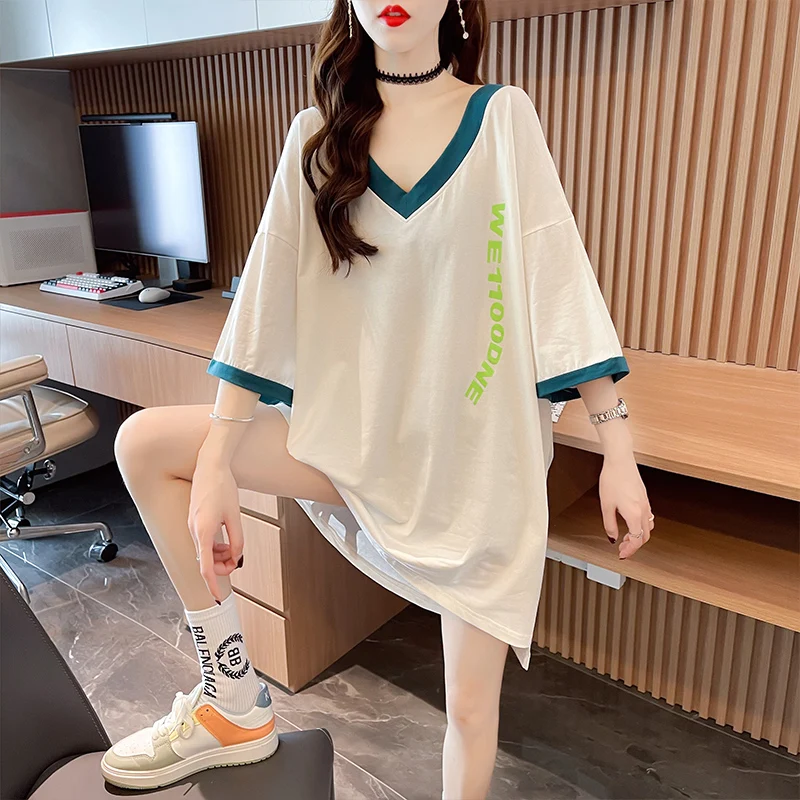 

Summer New Short Sleeved T-shirt Korean Version Loose Casual Thin V-neck Fashionable Versatile Mid Length All Cotton Top