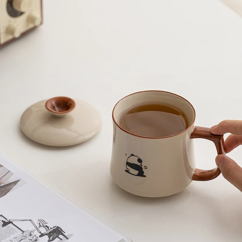 Chinese Style Ceramic Hand Drawn panda Patterns Tea Mugs, Home Personal Creative With Cover, Milk, Water, Coffee Cup, 360ml, 1Pc