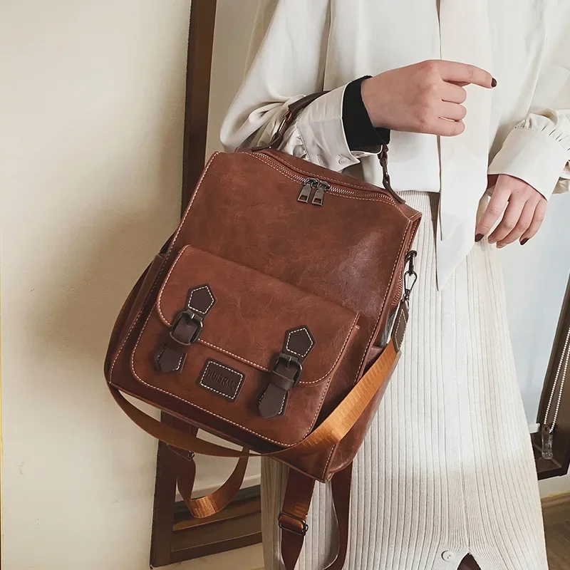 PU Leather Convertible Backpack Crossbody Bag Women Vintage Casual Daypack Large Capacity Travel Backpack Student School Bag