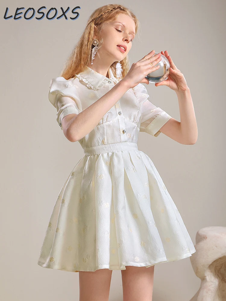 

French Style Gentle White Short Sleeve Dresses Women Summer 2024 New Elegant Jacquard Doll Collar Short Pleated Dress for Girls