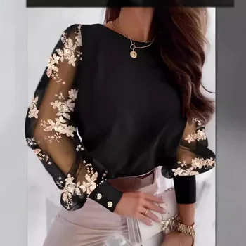 Chemisier à manches longues en maille brodée florale à col rond pour femme, élégant