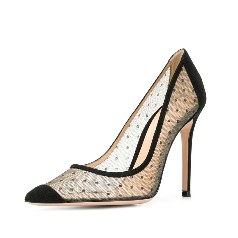 

Туфли-лодочки женские в горошек, пикантная сетчатая кружевная обувь в стиле пэчворк, с острым носком, на шпильке, летнее вечернее платье
