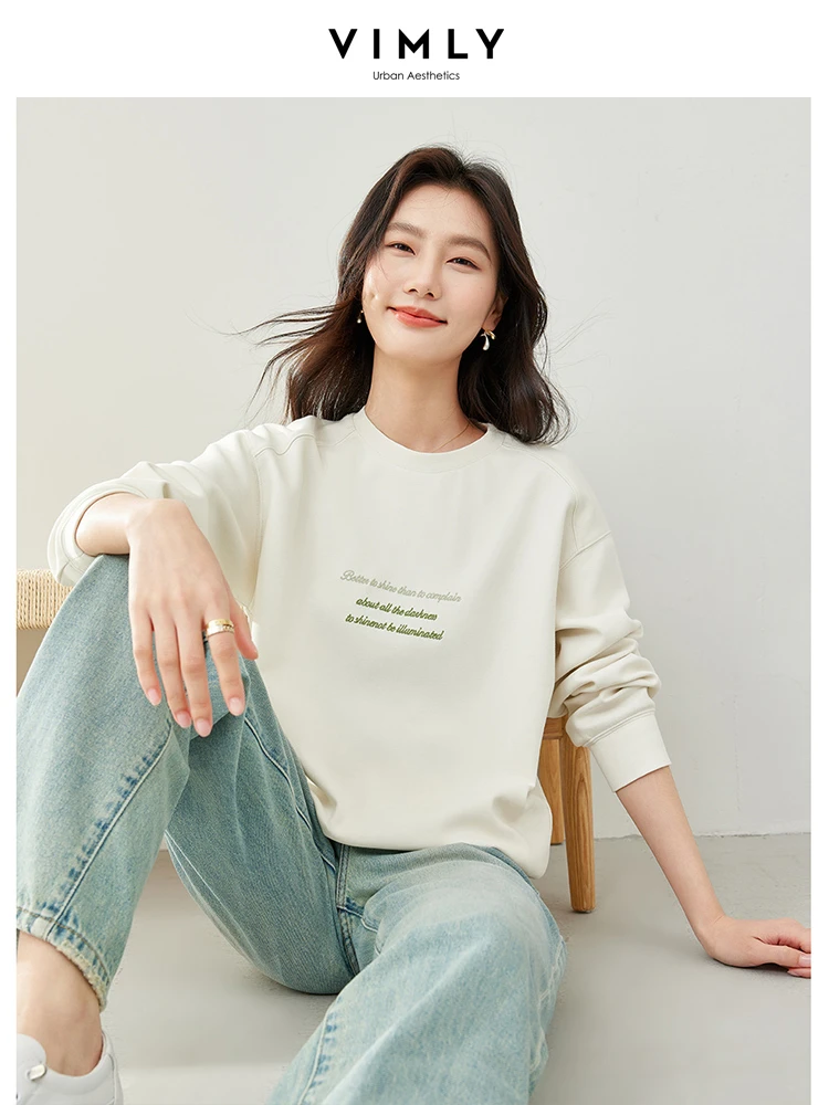 

Vimly Apricot O-neck Women's Sweatshirt 2024 Spring Straight Loose Pullovers Lazy Style Cotton Long Sleeve Top Female M6018