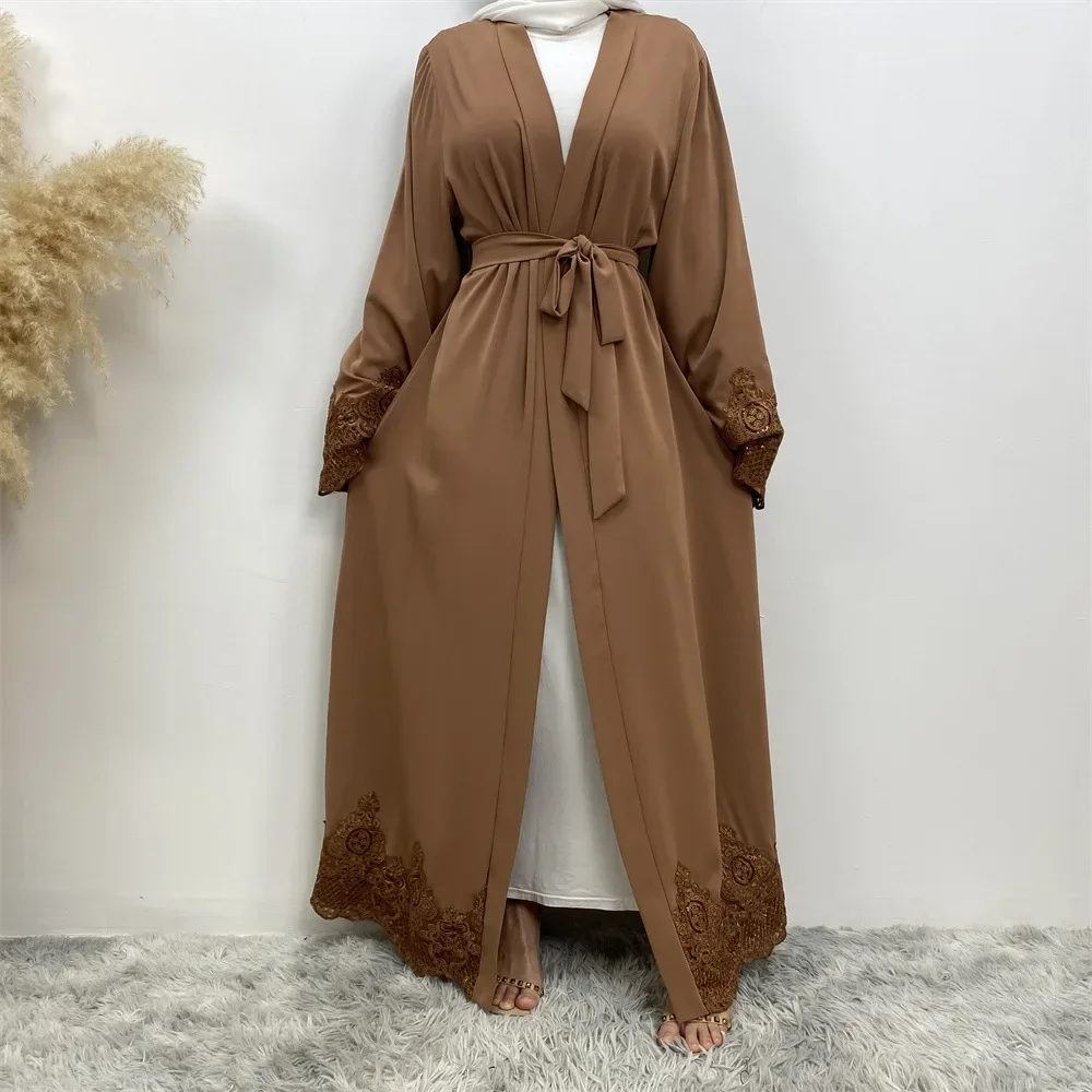 Plain Open Abaya Kimono Casual Lace Embroidery Muslim Long Dress Prayer Abayas for Women Dubai Turkey Islam Kaftan Hijab Robe