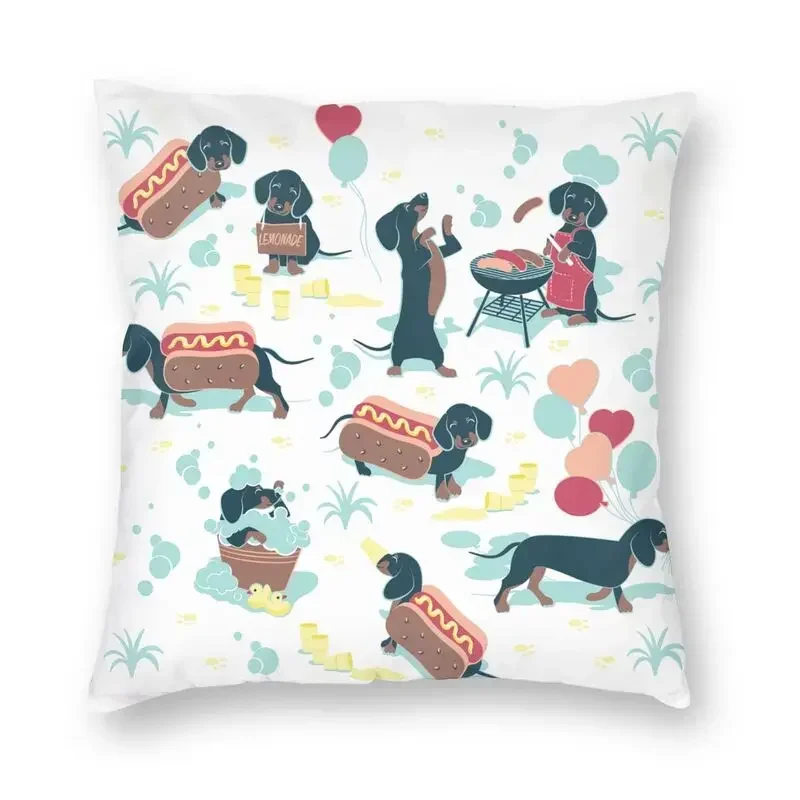 

Custom Hot Dogs And Lemonade Square Throw Pillow Case Home Decorative Double Side Print Dachshunds Cushion Cover For Living Room