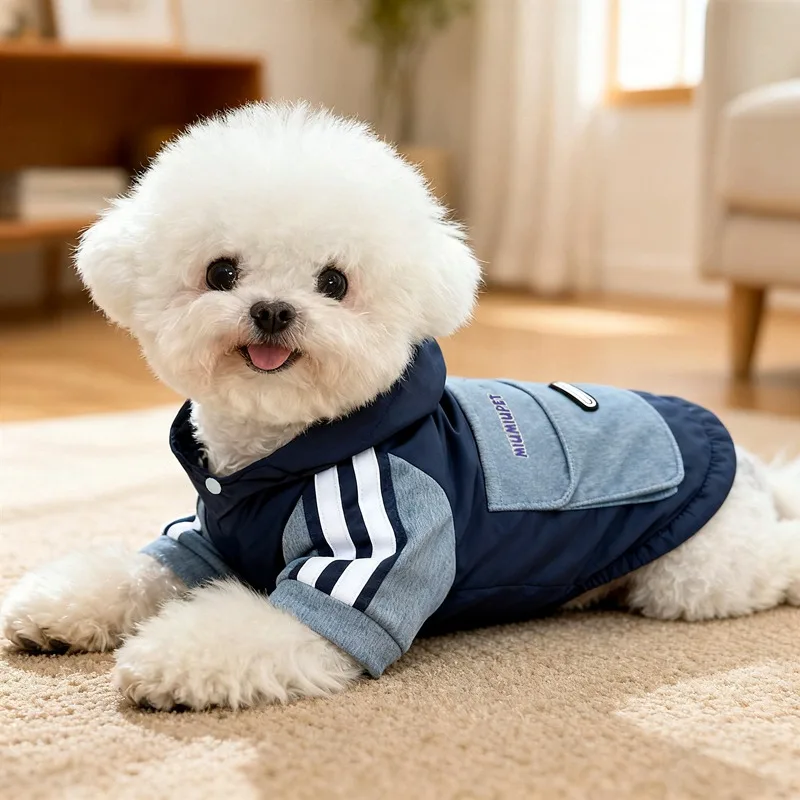 요크셔 겨울 코트 따뜻한 강아지 옷 애완동물 줄무늬 면 재킷 버튼 잠금 비숑 프..