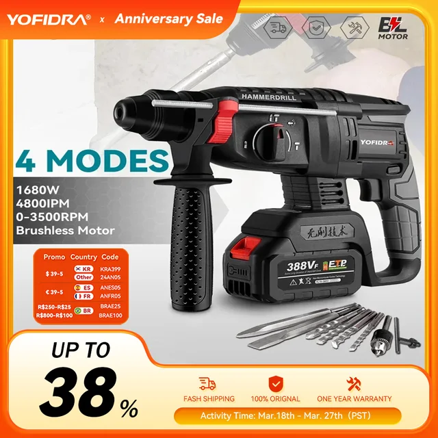 프리미엄 품질의 Yofidra 브러시리스 전기 해머와 전기 픽 임팩트 드릴