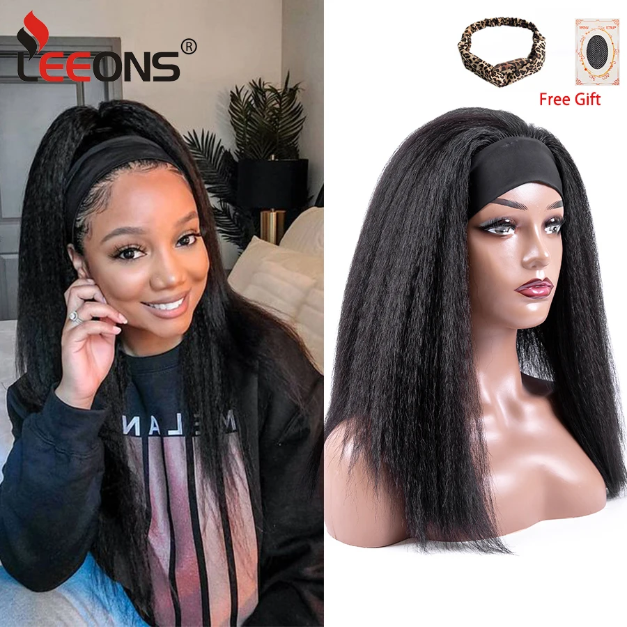Leeons 16inch Synthetic Elastic Headband Wigs Soft Natural Brown Yaki Straight Wigs Afro Style Wigs For Women Wig Party Daily