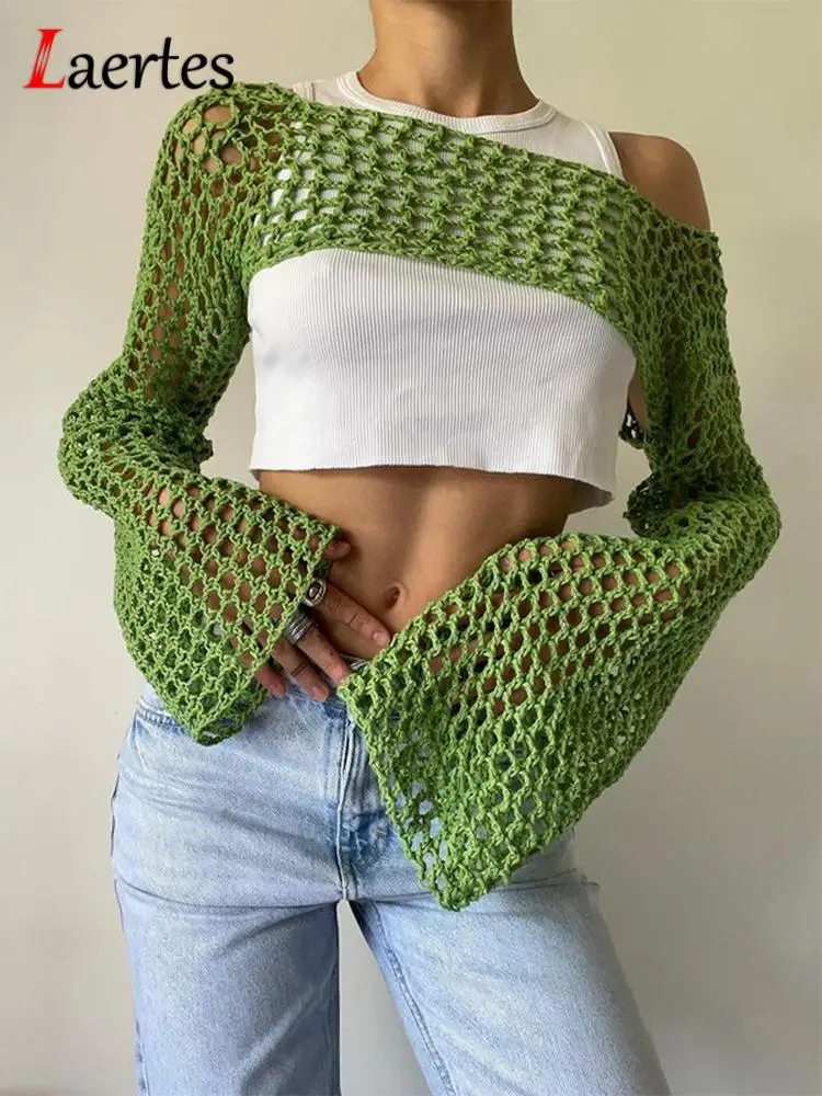 

Laertes 2023 Hollow Out Long Sleeve Crochet Crop Top Women Spring Knitted See Through T Shirt Gray Coquette Clothe Y2K Oversized