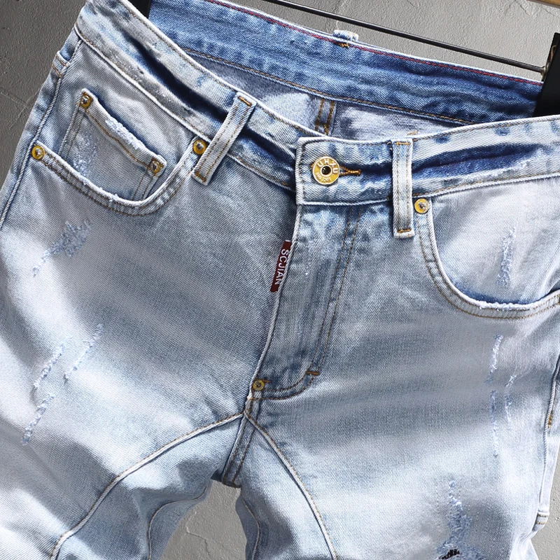 Summer Fashion Men Jeans Retro Light Blue Plain Washed Elastic Ripped Short Jeans Spliced Designer Vintage Denim Shorts Men