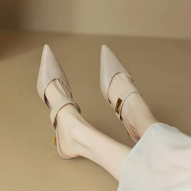 Women Kitten Heels Mules Golden Rivet Pointed Toe Summer Sandals Fashion Beige Ladies Casual Med Heels  Luxury Shoes 2