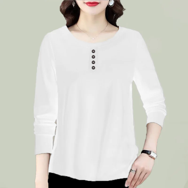 

2023 Autumn Women Clothes Retro Simple Casual Button Loose Basic T Shirt Female Solid Color Round Neck Long Sleeve Pullover Tops