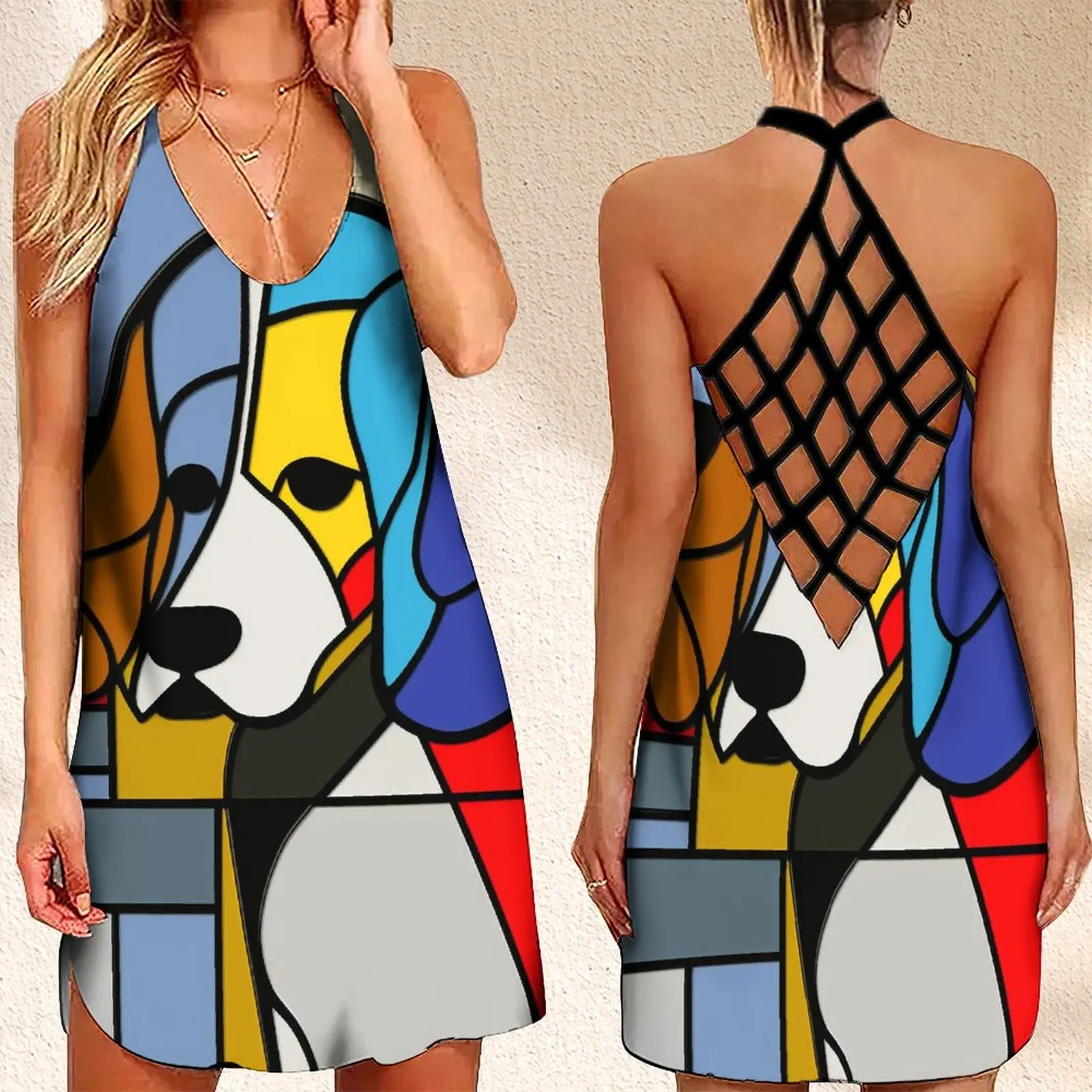 

Summer Women's Criss Cross Backless Sleeveless Dress VintageWomen's Summer Sundresses Mondrian DogPrint Women's Summer Dress
