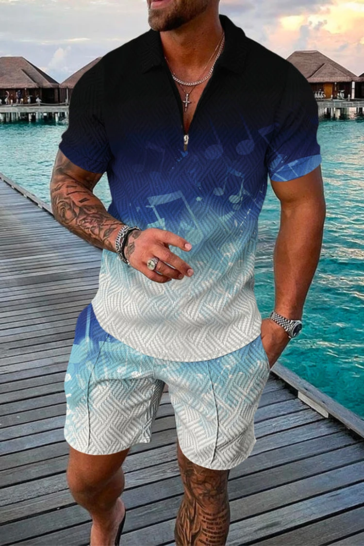 Spring and Summer Men's Suit Polyester Jacquard Craft  Casual  Fashion Blue Polo Shirt   Zipper Two Piece Set