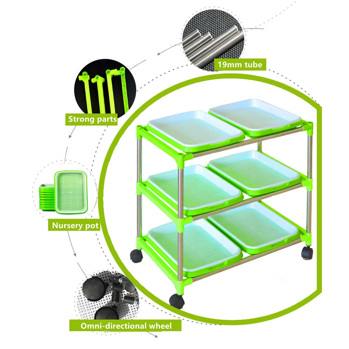 Sprouting Tray Shelf With Stainless Steel Tube Universal Brake Wheel Double Layer Seedling Germination Tray Yard Planting Frame