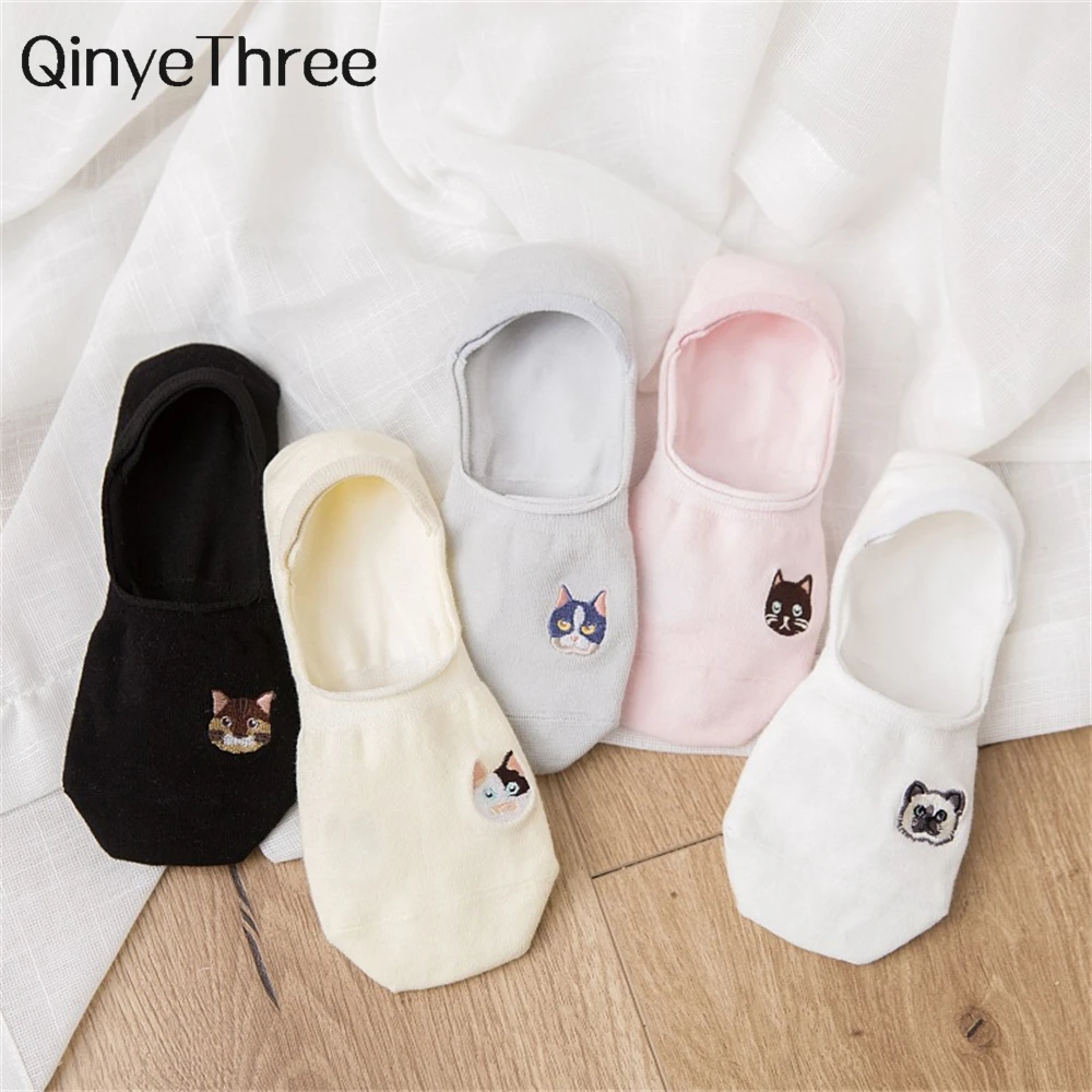 Neue Mädchen Lustige Sommer Frühling Nette Gestickte Kätzchen Unsichtbare Sokken Katze Klaue Fußabdruck frauen Weiche Baumwolle Socken Dropship