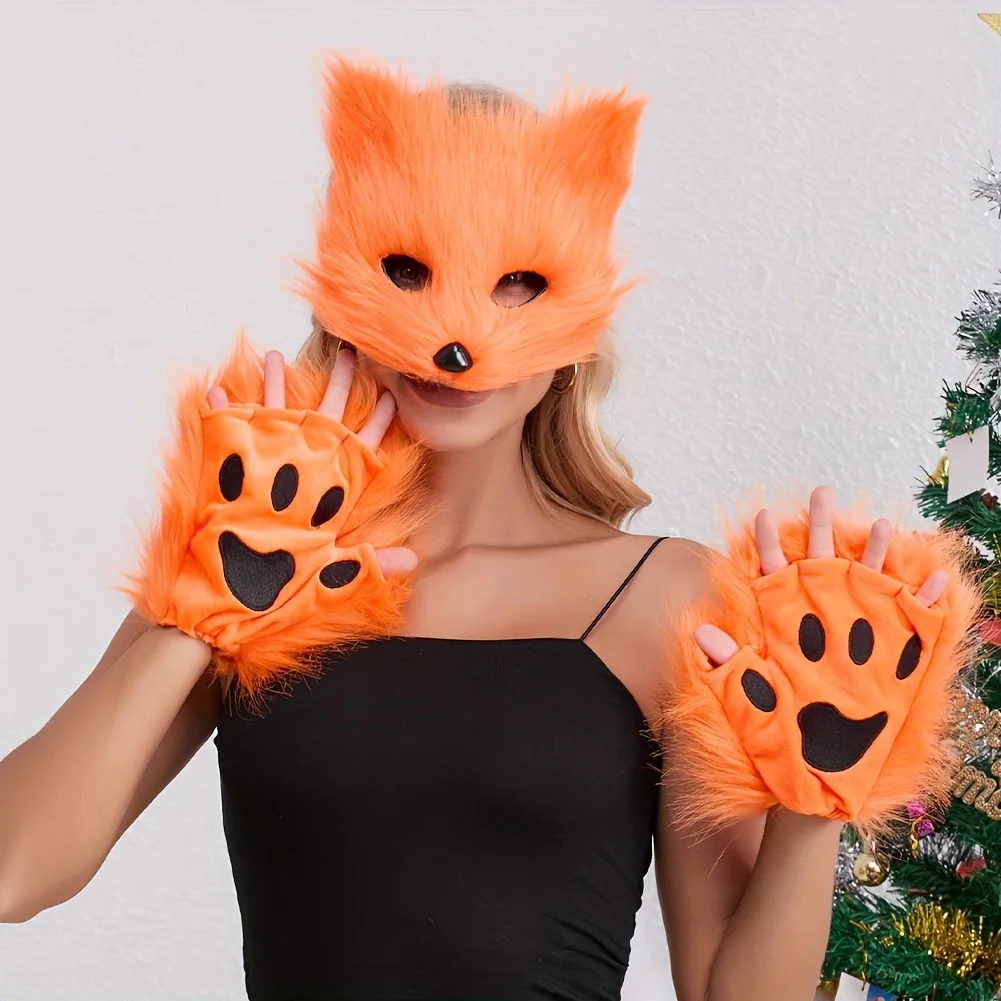 Fluffy Fur Fox Tail  Cat Paws Gloves Set - Wolf Mask Halloween Cosplay Accessories