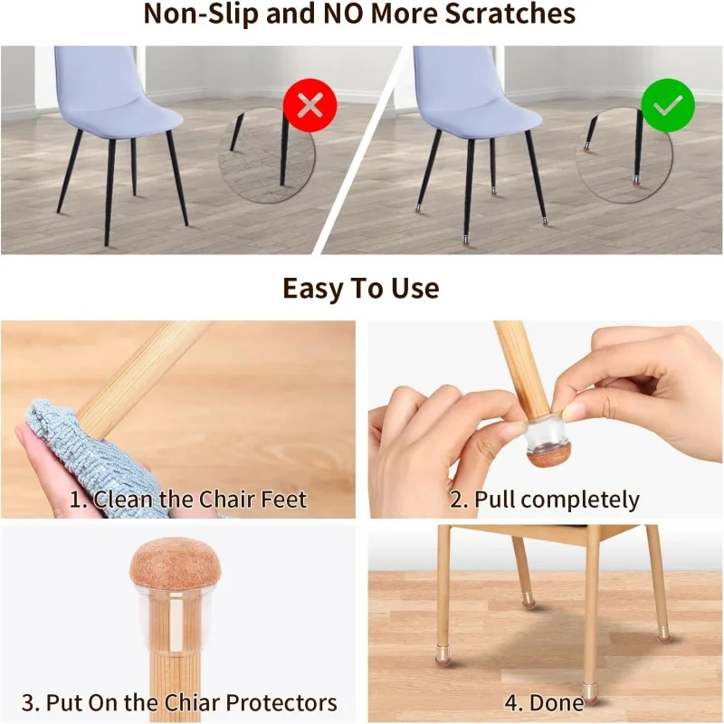 8-Piece Non-Slip Chair Leg Floor Protector Caps with Felt Pads