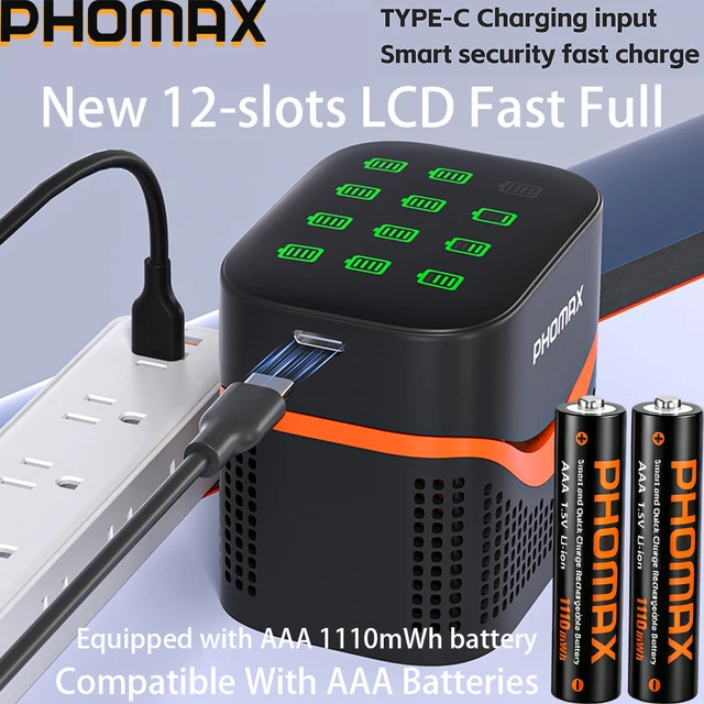PHOMAX New 12-slots LCD Fast Charger & Rechargeable Battery,1.5V AA 4200mWh & AAA 1110mWh Lithium Battery  For Remote Mouse Toys 1