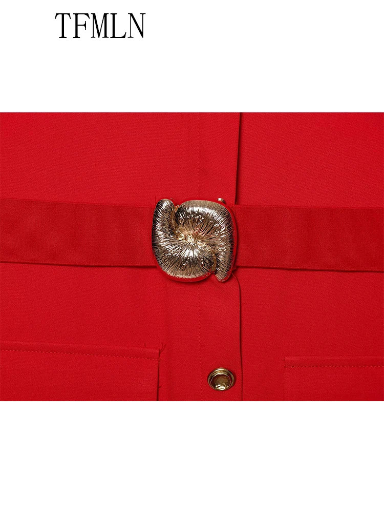 TFMLN Elegant Women Midi Dress With Belt 2025 Summer O-neck Single Breasted Sleeveless Pocket Dresses Front Slit Solid Dress