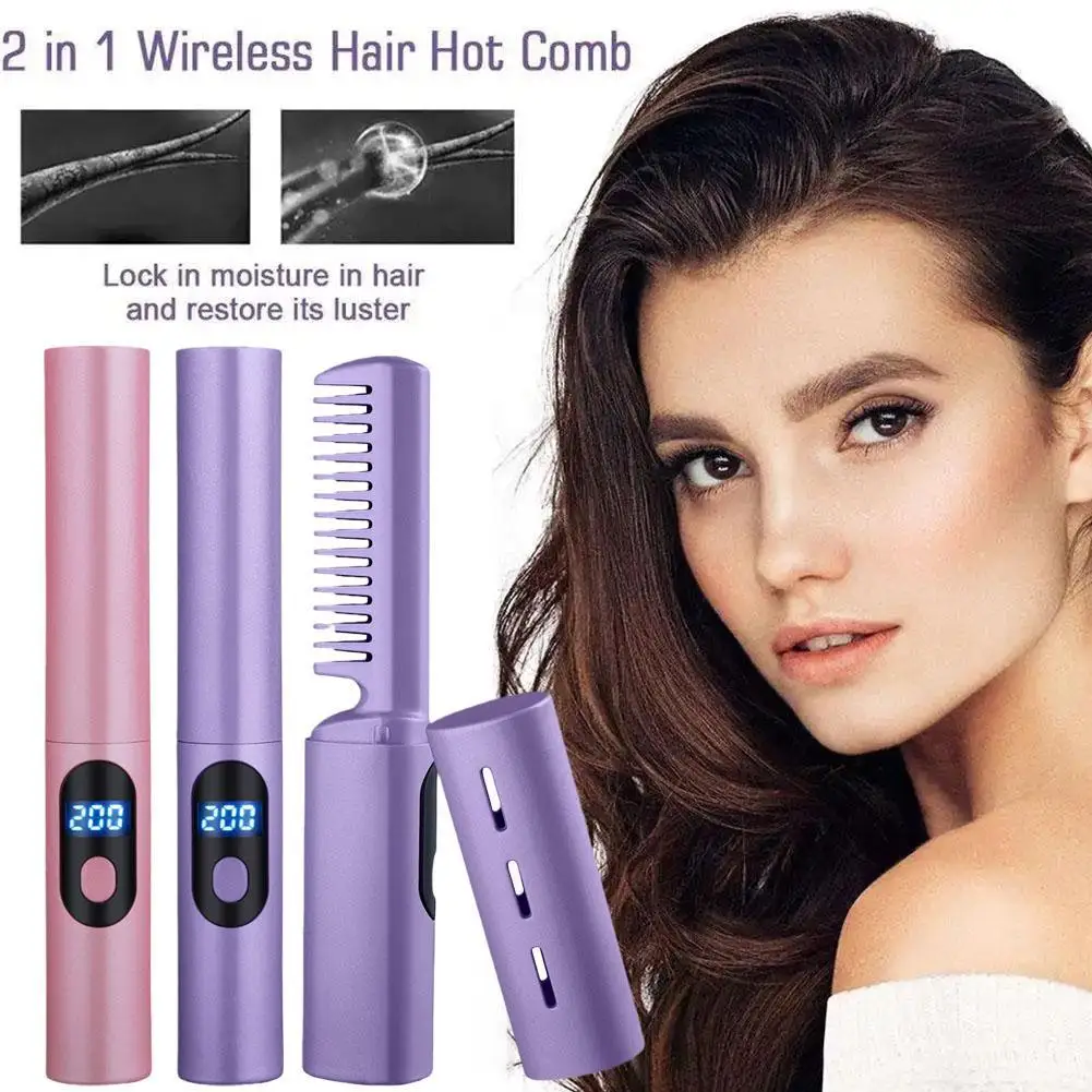 

2 In 1 Lazy Wireless Hair Hot Comb Portable Mini USB Rechargeable Hair Straightener Fast Heating Hair Straightening Styling Tool