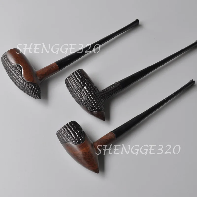 Ebony Wooden Tobacco Pipe Tomahawk Churchwarden Carved Surface Straight Stem 6