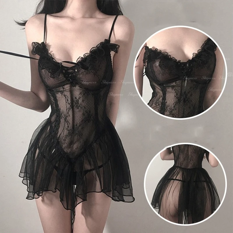 Sexy Dessous Schwarz Spitze Kurzes Nachthemd Frauen Perspektive Unterwäsche Hosenträger Dünnes Kleid Lolita Exotisches Kostüm Für Sex_voghion.com