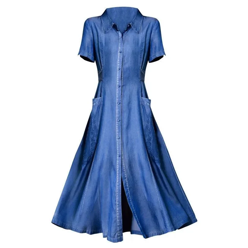 

2024 Summer New High End Embroidered Denim Dress Women Short Sleeved Temperament Shirt Dress Mid Length Denim Dress A-line Skirt