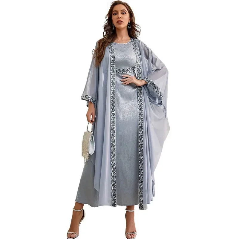 Elegant Muslim Abaya for Women Dress 2 Piece Set Embroidery Party Dresses Kimono Abayas Gown Saudi Arabic Dubai Kaftan Islamic